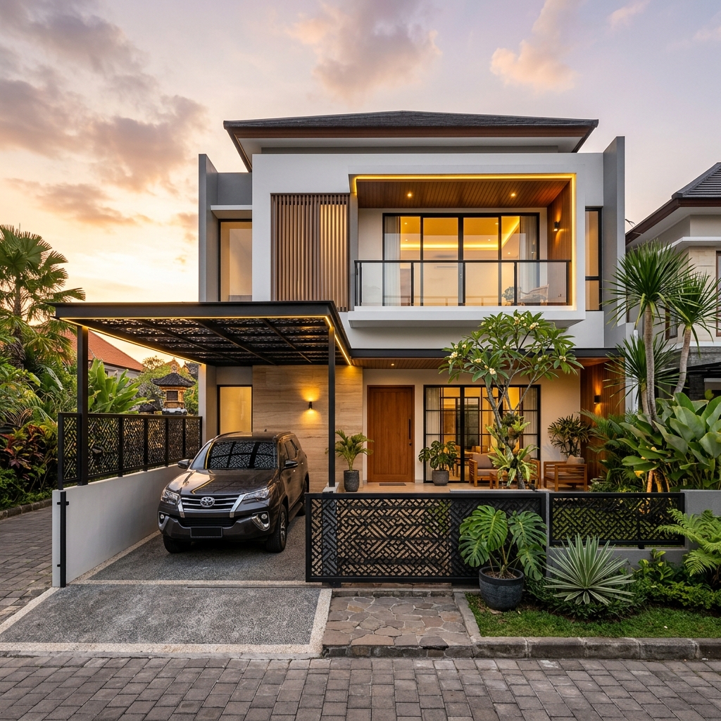 Rumah Modern dengan Kanopi dan Pagar Custom